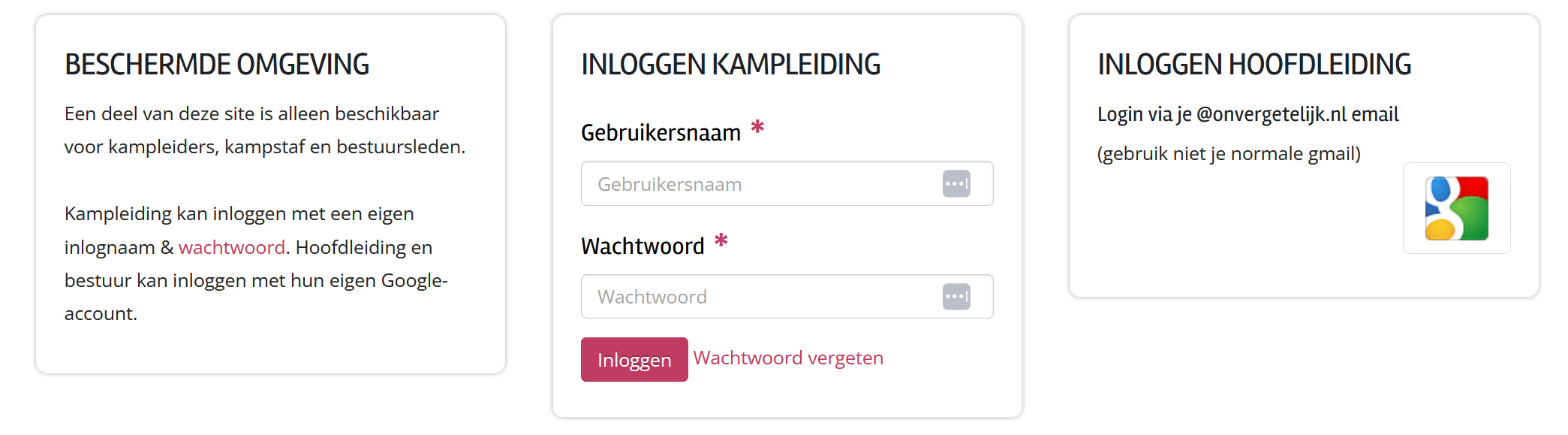 Schermafbeelding van het inlogscherm: uitleg over de beschermde omgeving, inloggen als kampleiding met gebruikersnaam en wachtwoord, en inloggen als hoofdleiding via Google