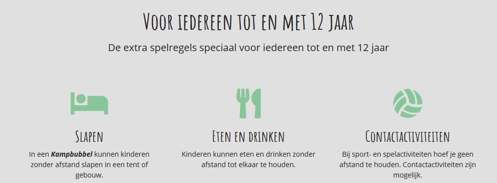 Extra spelregels voor kinderen tot en met 12 jaar: slapen, eten en drinken en contactactiviteiten binnen de kampbubbel