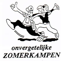 Logo van Onvergetelijke Zomerkampen met twee getekende springende kinderen
