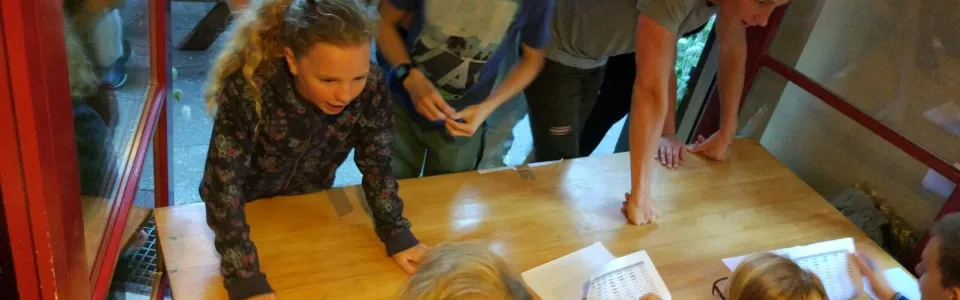 Deelnemers knutselen aan een tafel binnen