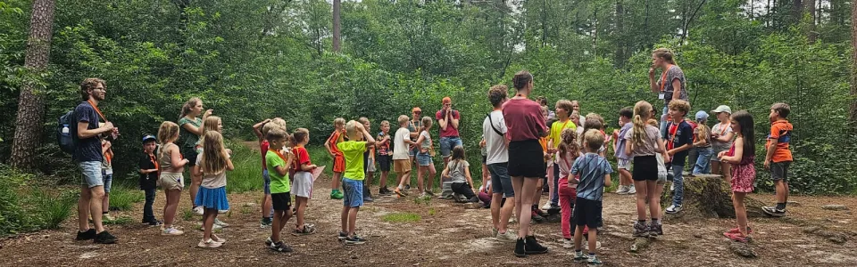Deelnemers spelen een spel op het zandveld in het bos