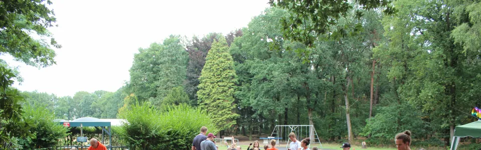 Deelnemers aan lange tafels onder de overkapping