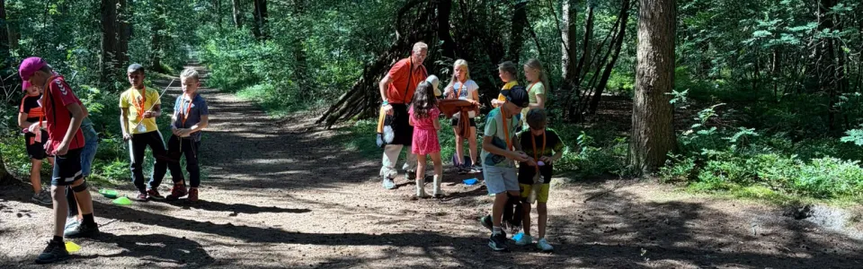 Kinderen spelen samen een actief bosspel tussen de bomen