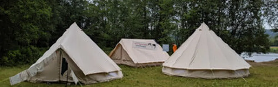 Witte tenten op het kampterrein