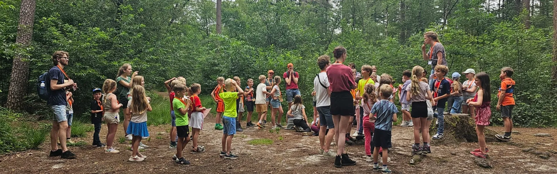 Deelnemers spelen een spel op het zandveld in het bos