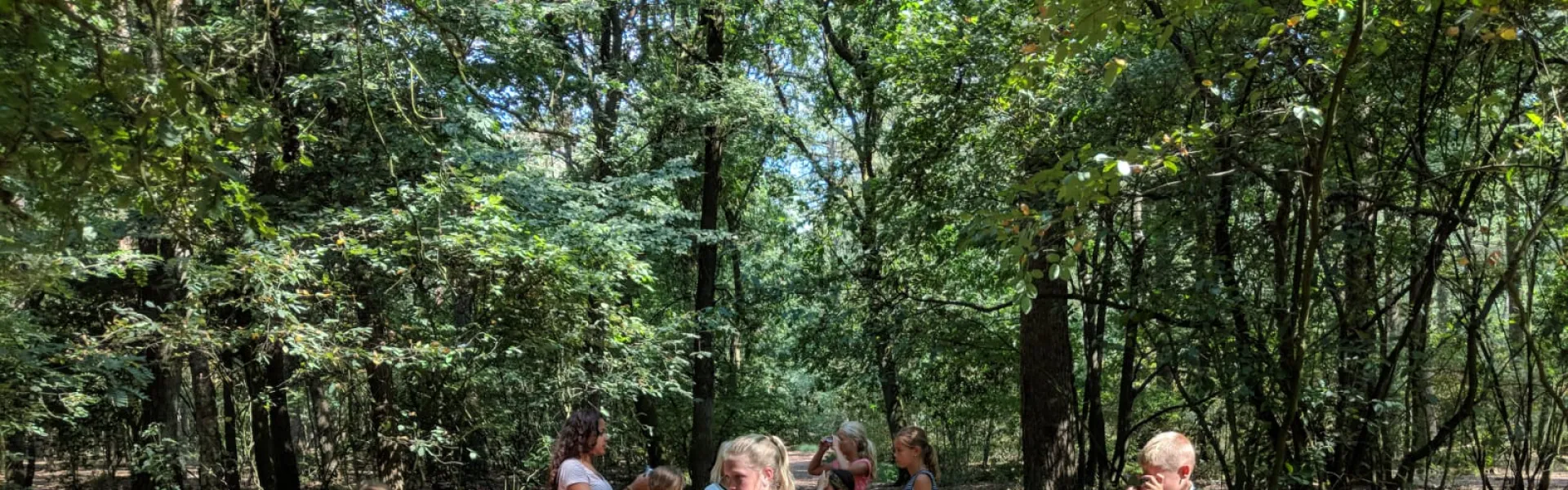 Deelnemers spelen een spel tussen de bomen