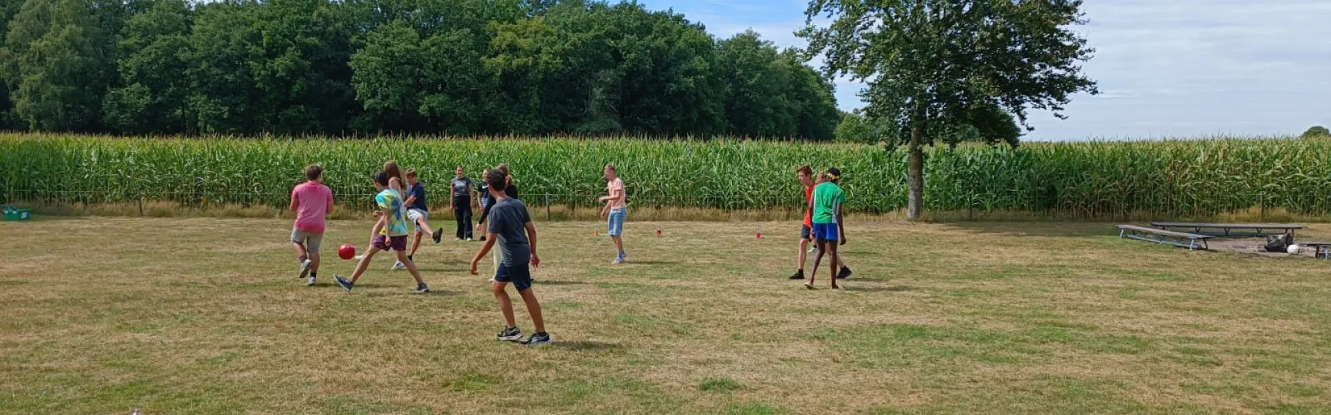 Deelnemers spelen een balspel op het grasveld